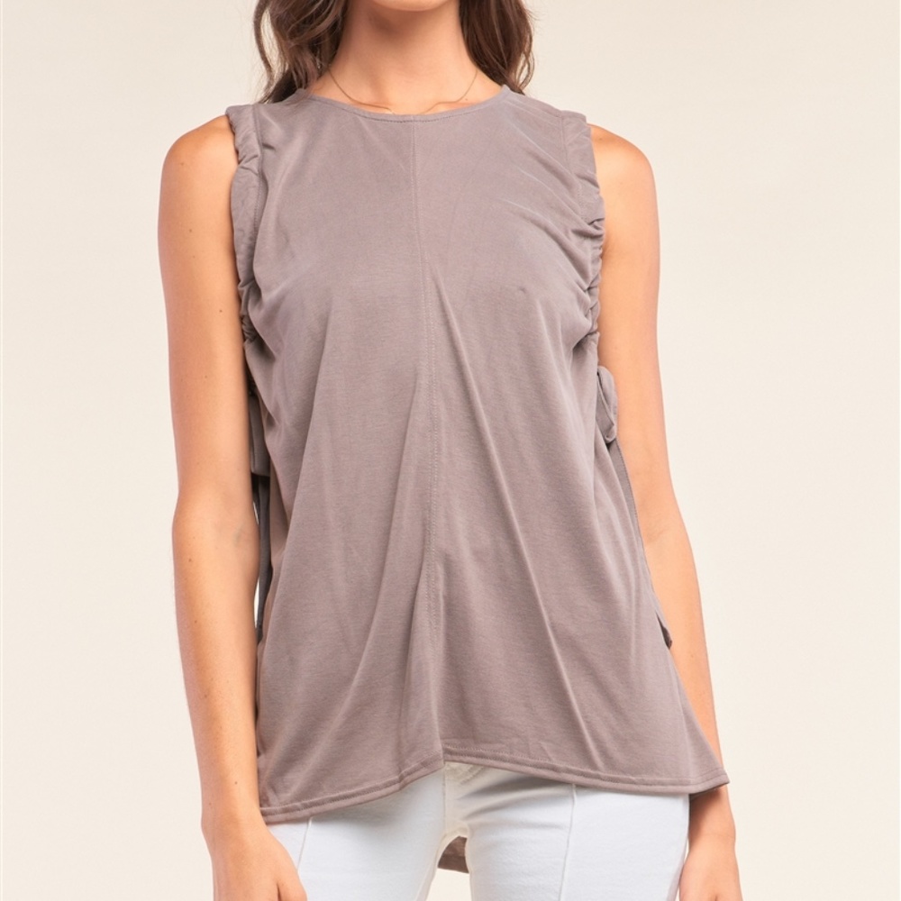 Stone Gray Sleeveless Drawstring Detail Tunic Top